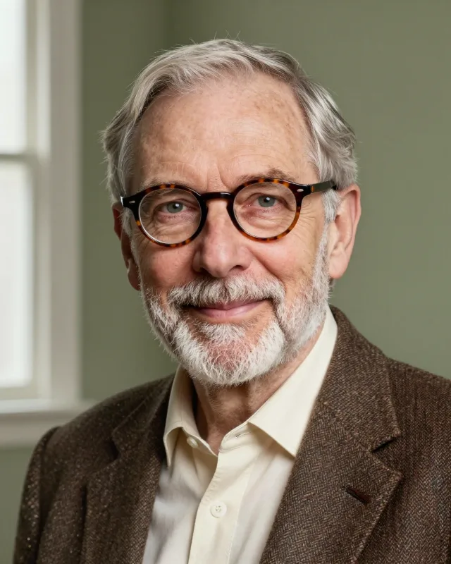 Portrait of Arthur, a man in his early sixties with round glasses and a short grey beard