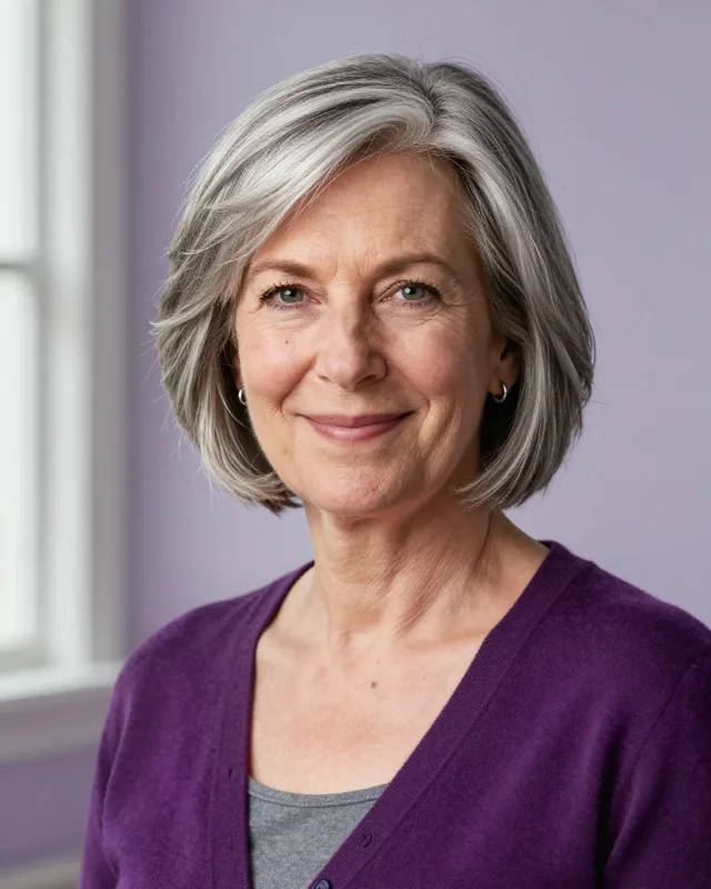 Portrait of Clara, a woman in her early fifties with a silver bob
