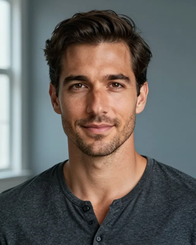 Portrait of Elias, a man in his early forties with short dark hair and light stubble