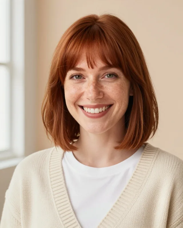 Portrait of June, a woman around thirty with an auburn bob and freckles