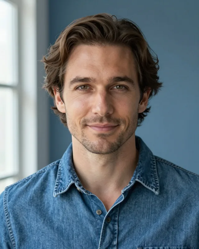 Portrait of Luca, a man in his late thirties with wavy brown hair