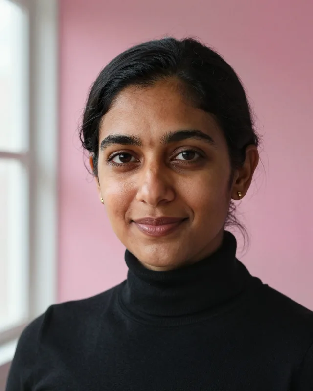 Portrait of Nadia, a woman around forty with black hair pulled back