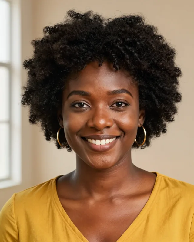 Portrait of Sade, a woman in her late thirties with natural hair and gold earrings