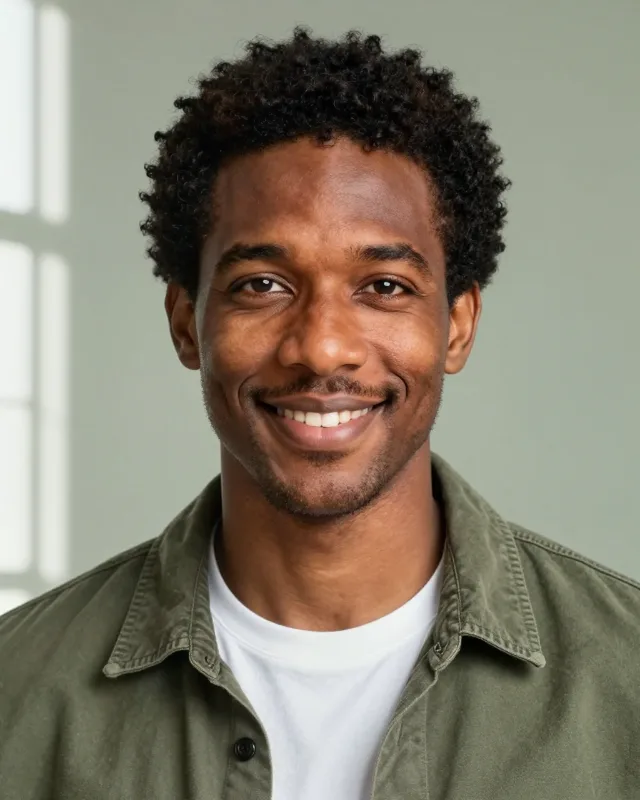 Portrait of Theo, a man around thirty with short curly black hair